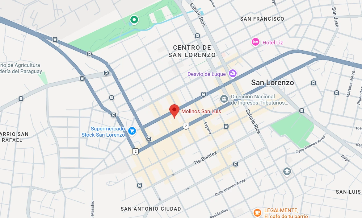 Mapa del centro de San Lorenzo con la ubicación de Molinos San Luis sobre la Ruta 2, cerca del Mercado Municipal